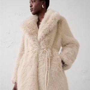 Lux Faux Fur Cream Coat with Tie Waist